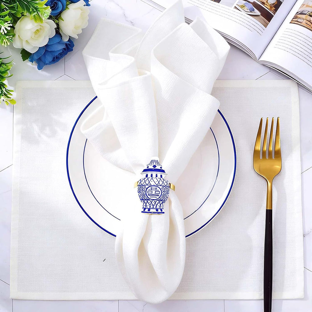 Blue White Porcelain Napkin Rings Vintage Chinoiserie Napkin Ring for Asian Christmas New Year Party - Set of 6