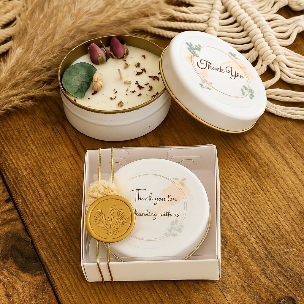 Wedding Candle Favor Set with Gift Box - Personalized Soy Wax Candles with Gold Seal & Gold String, Dried Flowers - Set of 10