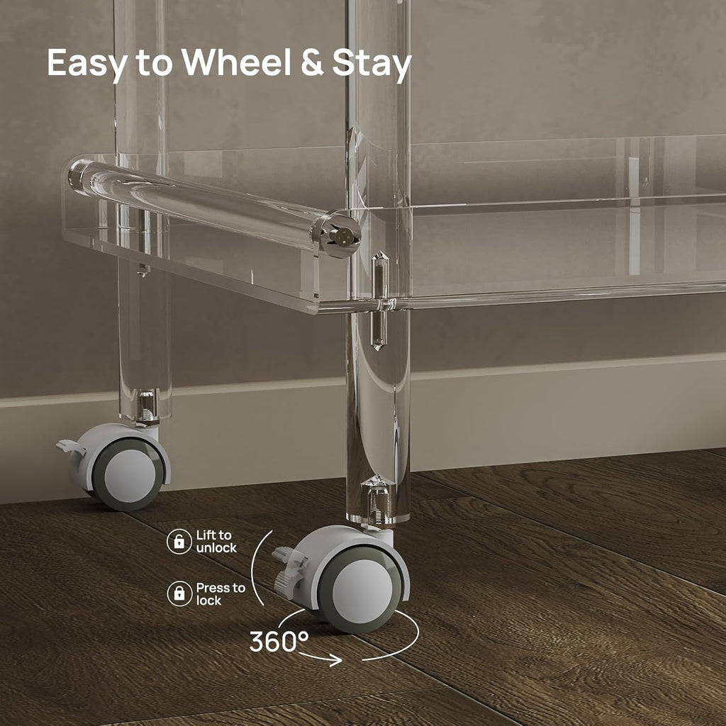 Acrylic Bar Cart, Rolling Serving Cart with 4 Lockable Wheels for the Home Bar, Kitchen, Living Room, Modern, 2-Tier