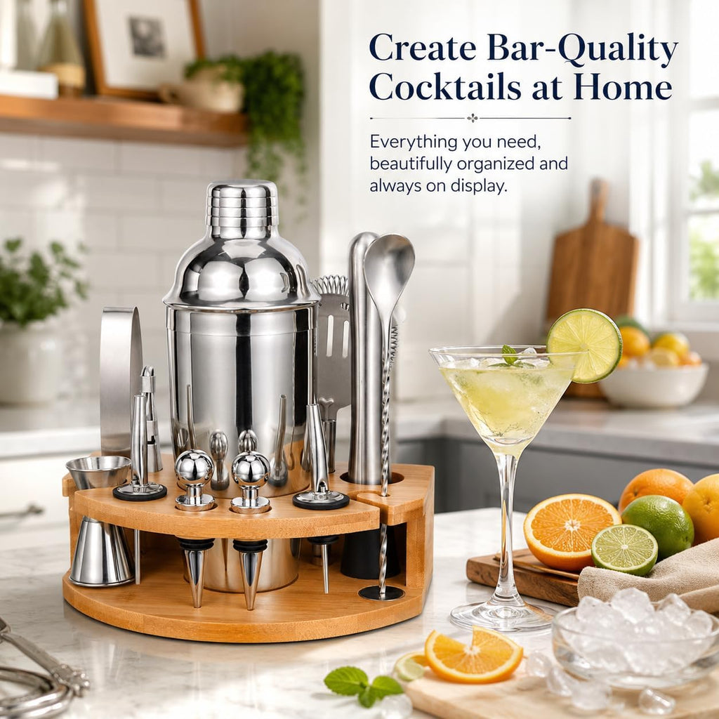 Cocktail Shaker Set with Bamboo Stand, 12-Piece 25oz Stainless Steel Bartender Kit, Martini & Margarita Bar Tools - Set of 12