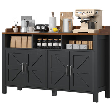 Buffet Cabinet with Storage Farmhouse with 4 Doors and 3 Open Compartments, 55'' Large Kitchen Storage Cabinet Black