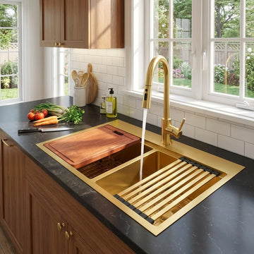33x22 Drop Sink Double Bowl, Gold Kitchen Sink 33x22 with Smart Workstation & Built-In Accessories, Top Mount 16