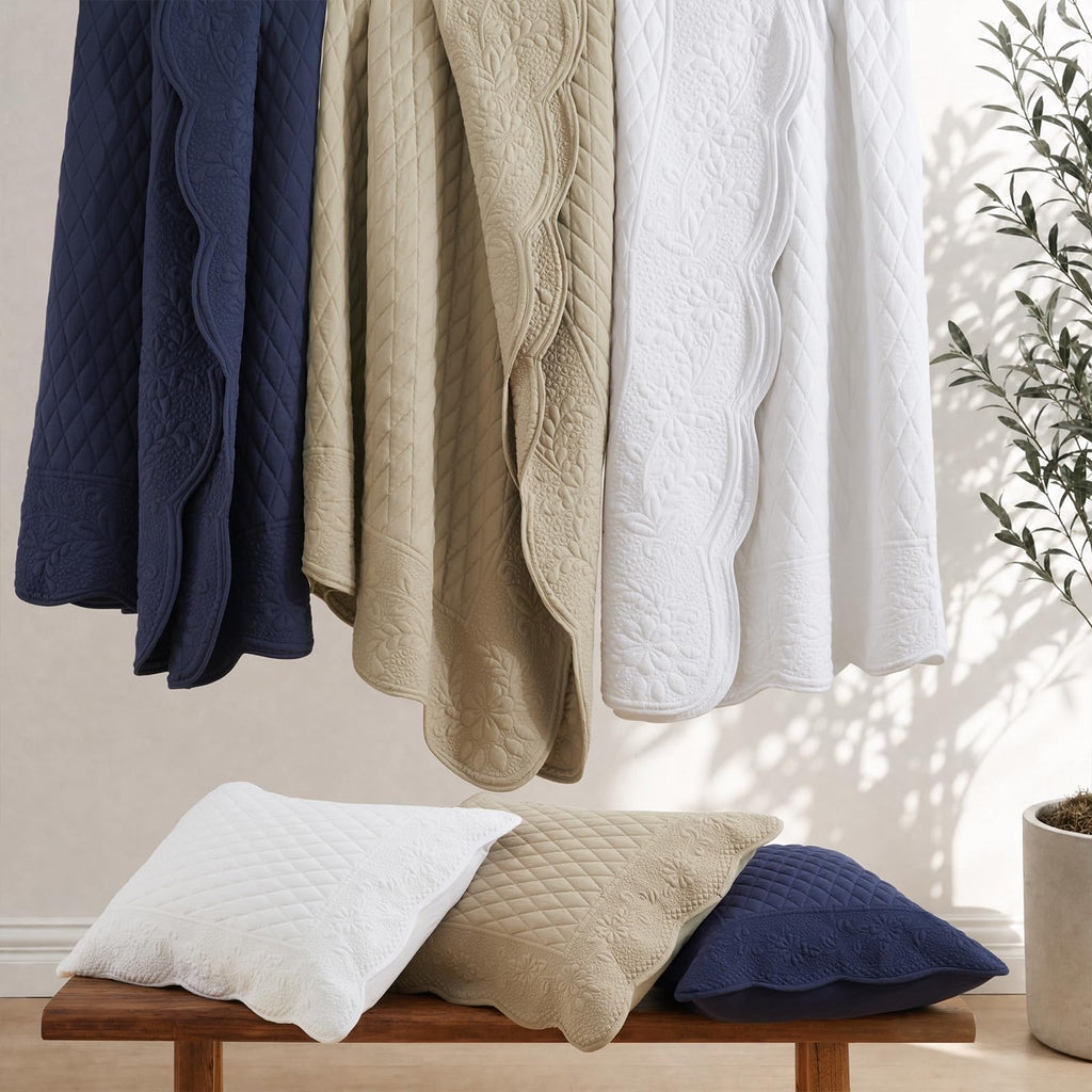 Khaki Pre-Washed Quilt Set, Embroidered Scalloped Edge Diamond Quilted Bedspread with Matching Pillow