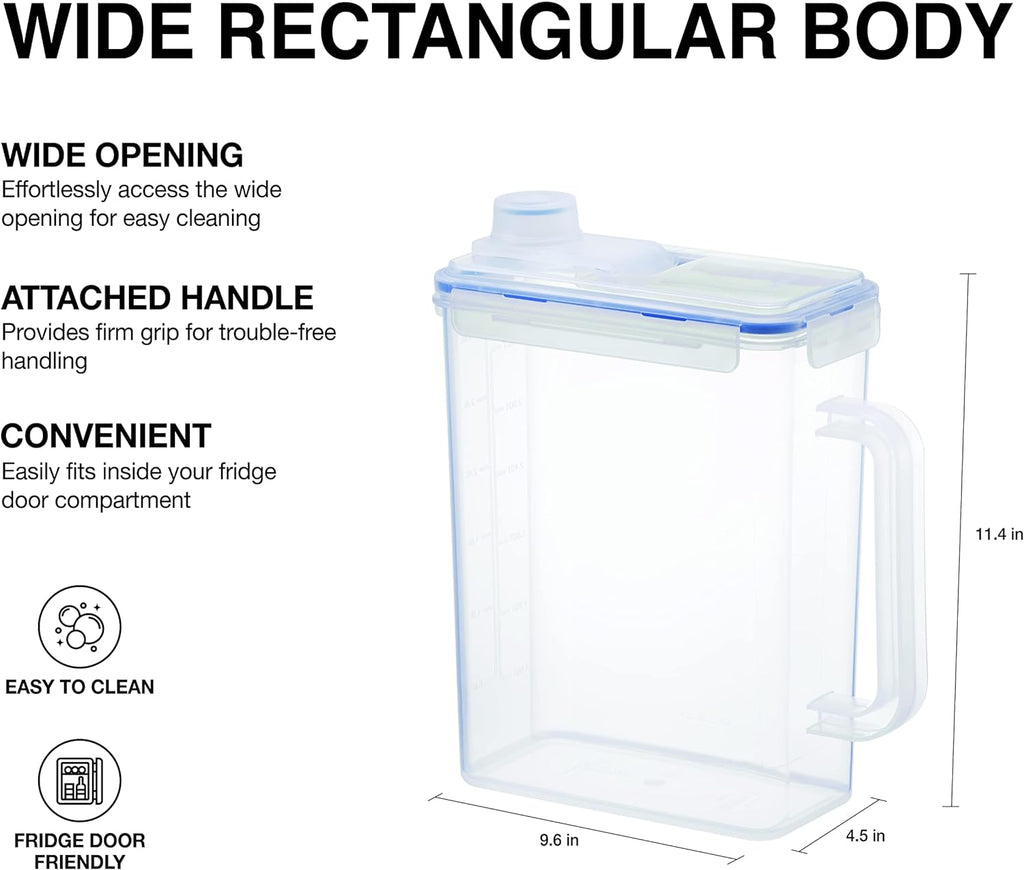 Aqua Fridge Door Water Jug | Clear Pitcher | BPA Free Plastic Pitcher with Lid | 1 Gallon Pitcher with Lid for Water