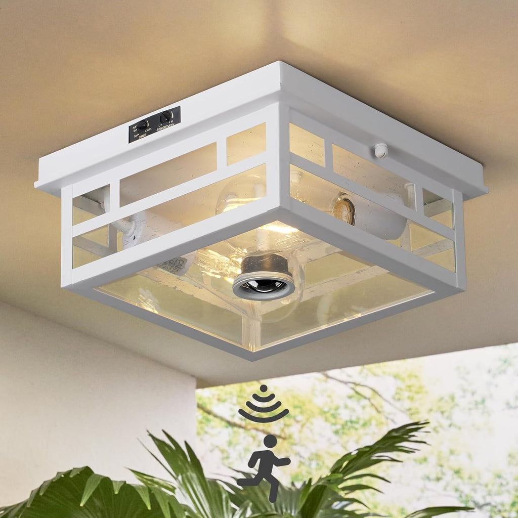 Outdoor Flush Mount Motion Sensor White Ceiling Light - Timeless Industrial Design with Seeded Clear Glass for Your