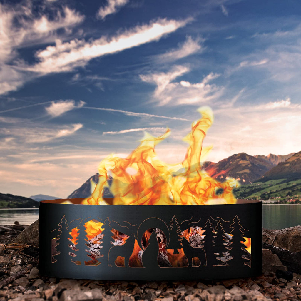 Wolves Unpainted 12 in. Tall 37 in. Diameter Outdoor Fire Ring with Fire Poker - 37 x 37 x 12 in. - Rustic