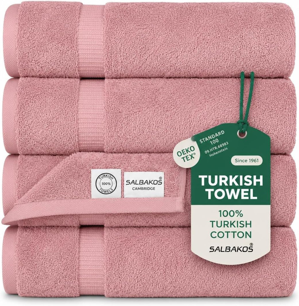 4-Piece 100% Turkish Cotton Bath Towels, 27x54 inch, Rose | Standard Size, 630 Gsm Thick Super Soft Highly Absorbent