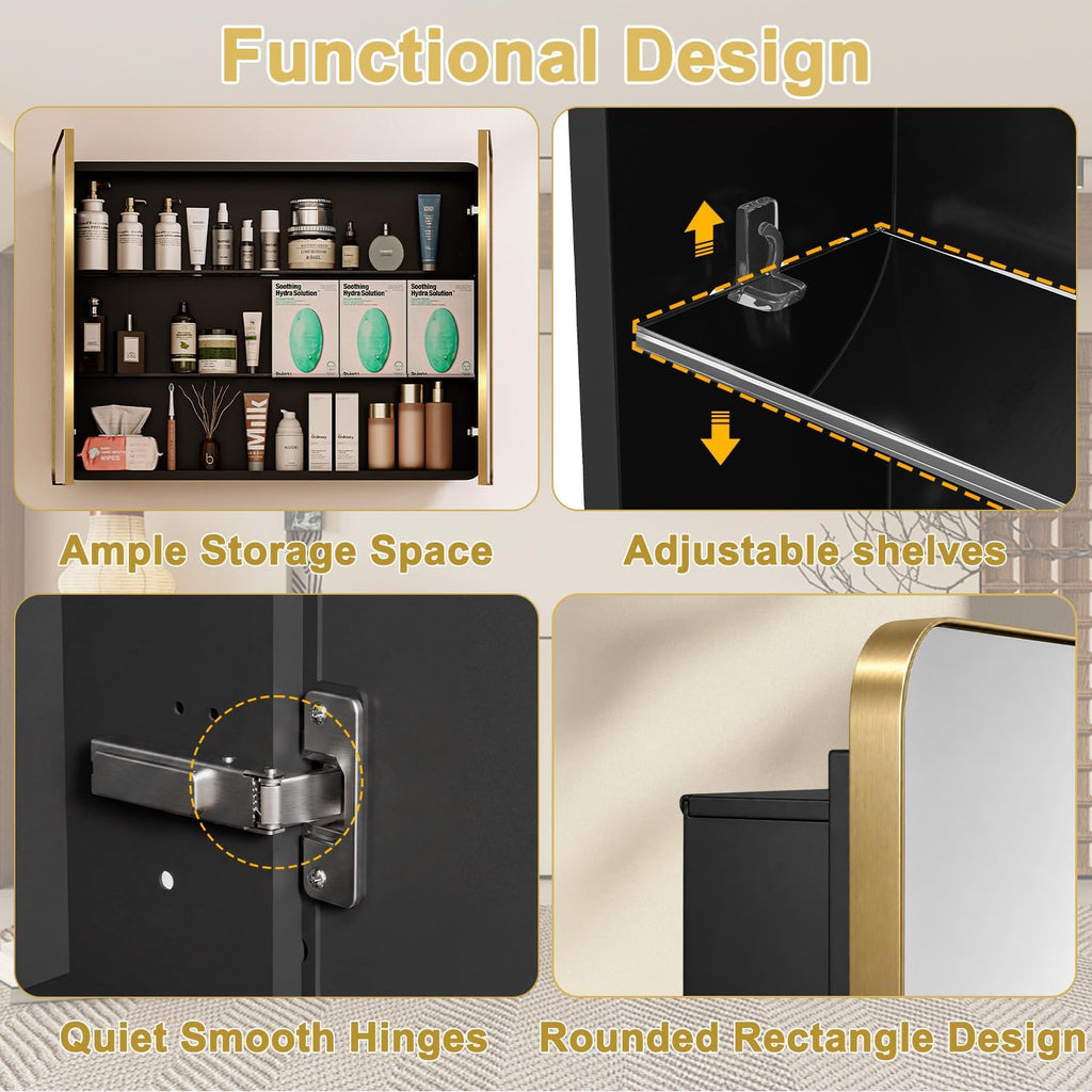 32x24 in Brushed Gold Double Door Medicine Cabinet with Mirror | Fully Assembled; Recessed or Surface Wall Mount;