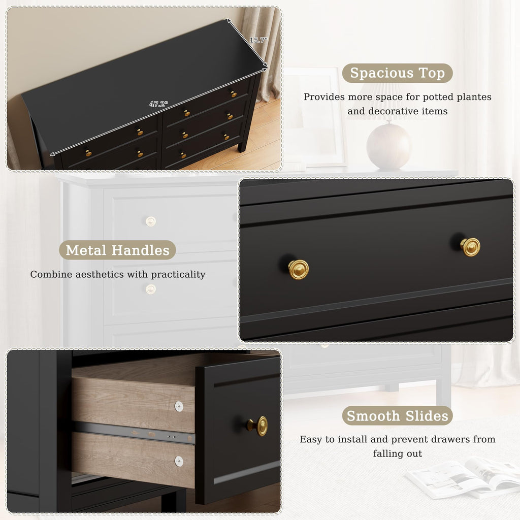 47" Black Dresser with Modern Gold Handles & 6 Drawer