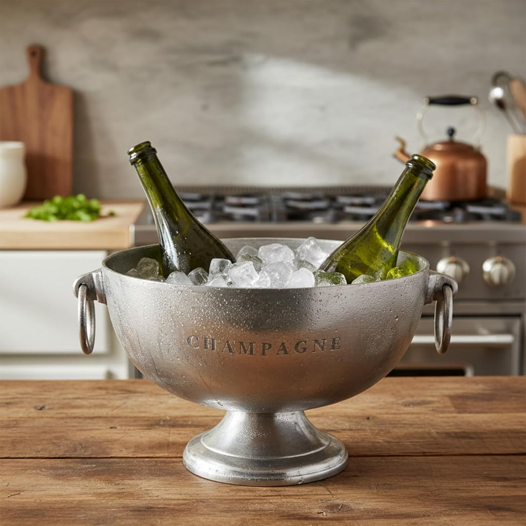 Elegant Large Champagne Ice Bucket on Stand | Nickel Plated Aluminum Wine Cooler with Side Handles, Vintage Style