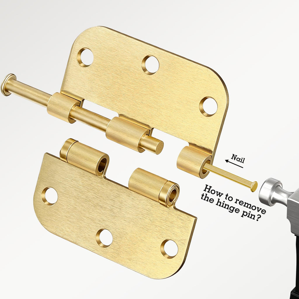 Rounded Door Hinges Brushed Brass 3.5 Inch 5/8" Gold Lasting Mute