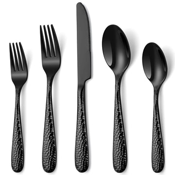 Hammered Black Silverware Set, 40-Piece Flatware Set for 8, Heavy Duty Stainless Steel Cutlery Set, Food-Grade