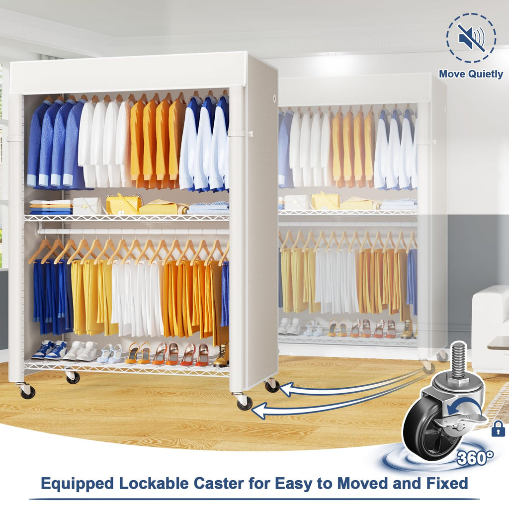 P8C Pro Heavy Duty Clothes Rack(With Extended Width Design) Rolling Clothing Racks for Hanging Clothes with Lockable