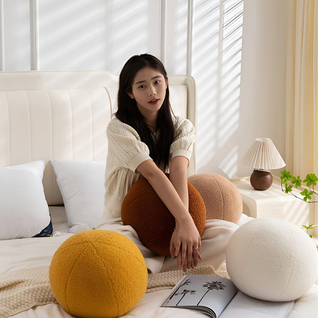 Ball Pillow, Round Sphere Decorative Throw Pillow Boucle 11.8" White