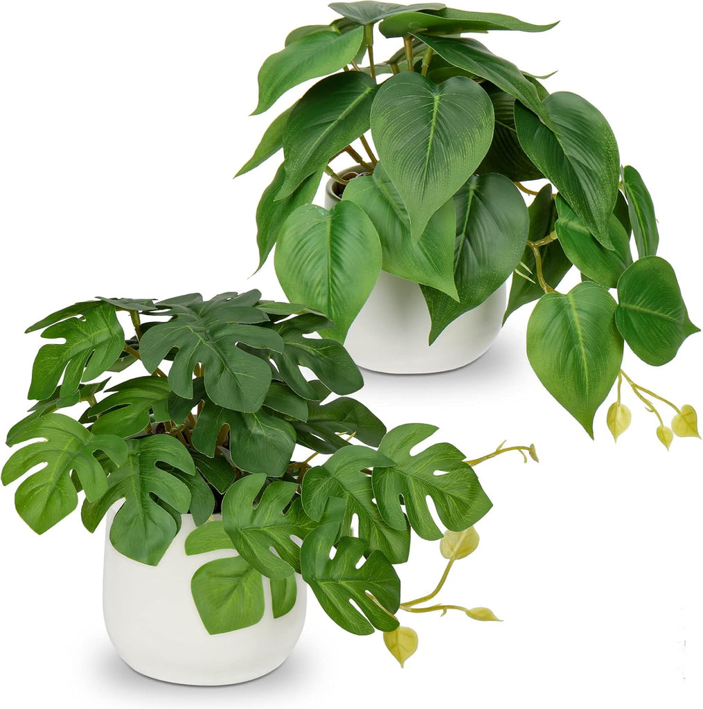 Fake Plants Set of 2 Artificial Plants Faux Pothos with White Ceramic Pots Fake Potted Plants Artificial Decor