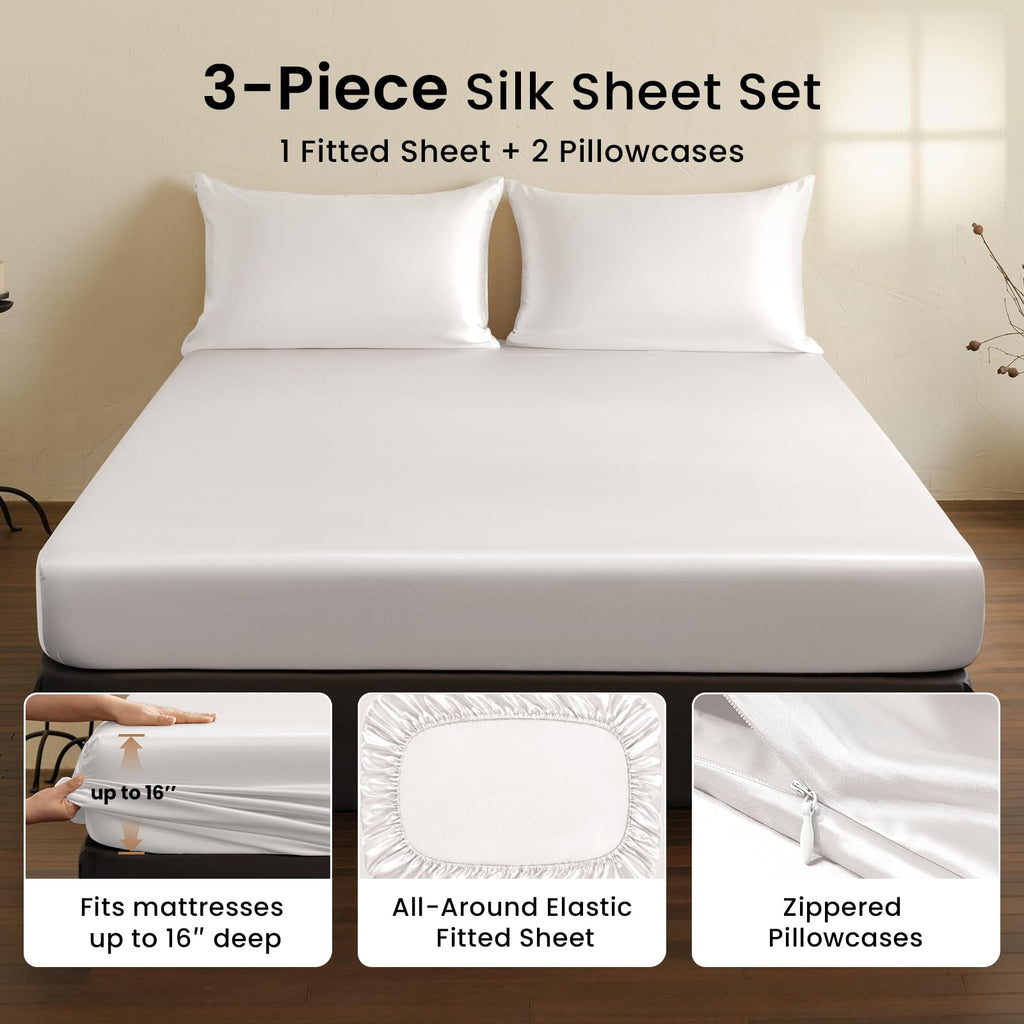 100% Mulberry Silk Fitted Sheet Set, 7A+ Silk 3 Pieces Bed Sheets, Breathable, Smooth, 16 Inch Deep Pocket Fitted