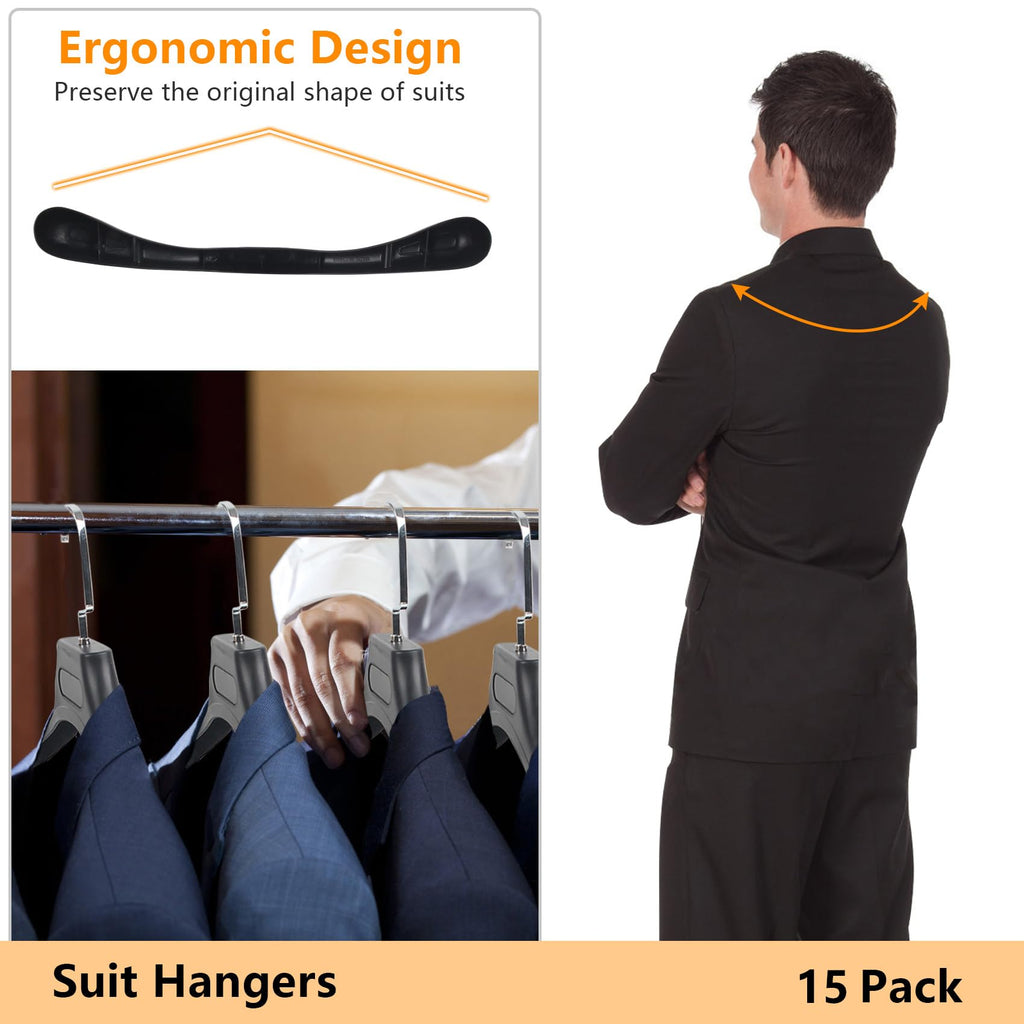 Suit Hangers for Men 15 Pack, Extra Wide Suit Hanger Non Slip Width 17.7", Thick Plastic Coat Hangers Black with