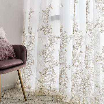 1 Pair Luxury Embroidered Tulle Curtains for Living Room Wedding 3D Gold Flower Sheer Curtains (White,63x96 Inch)