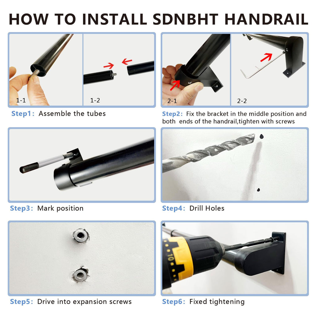 Industrial Stair Railing Metal Hand Rails for Indoor & Outdoor Steps Wall Mount Hand Rails for Indoor Stairs 1.25"