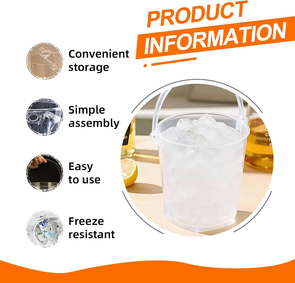 Crystal Ice Bucket with Handle & Tongs-1.1 L Plastic Clear Champagne Ice Buckets for Parties, Beer, Wine, Drinks - Set of 2