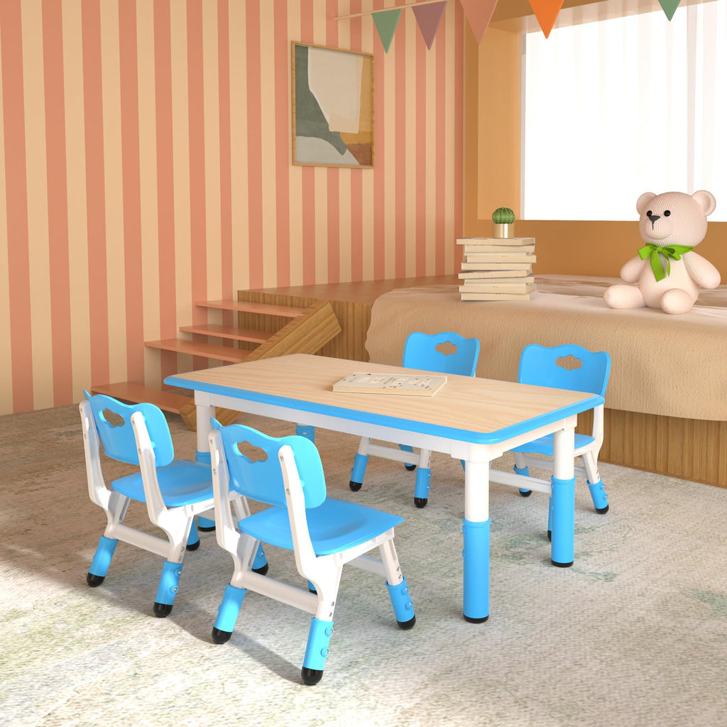 Kids Table and 4 Chairs Set, Height Adjustable Children Table & Chair, Toddlers Study Multi-Activity Table with