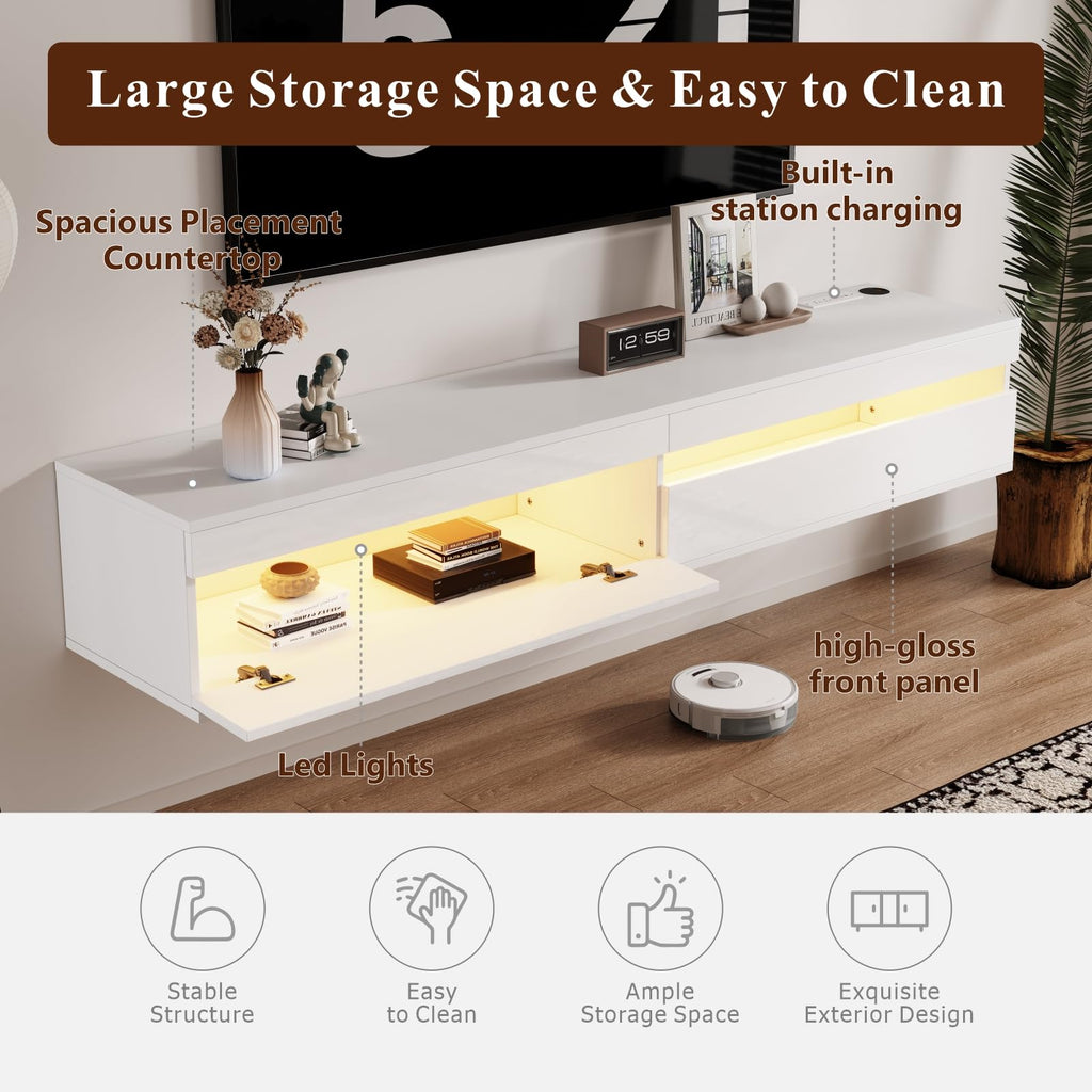 71" Floating TV Stand Wall Mounted, Solid Wood Entertainment Center with LED Lighting & Power Outlet, High-Gloss