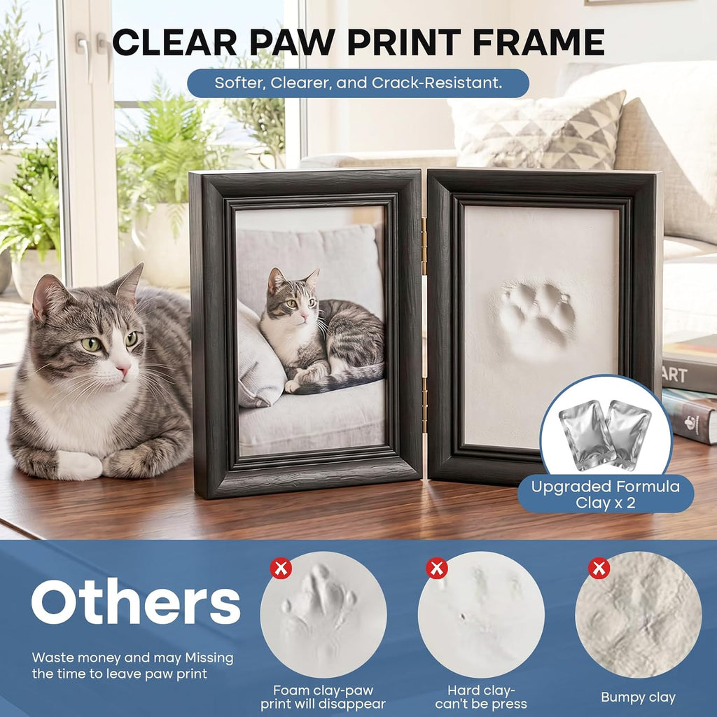 Pet Paw Print Photo Frame with No-Mess Clay - Wooden Shadow Box Keepsake for Dogs and Cats, DIY Memorial Picture