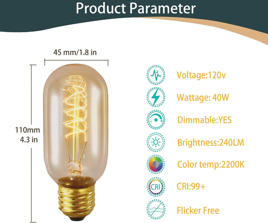 T45 Vintage Antique Edison Light Bulbs 40 Watt T14 Incandescent Light Bulbs 120 Volts E26 Base Dimmable Decorative