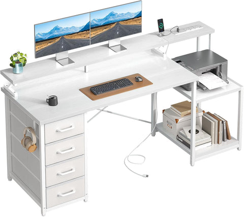 55 Inch Computer Desk with 4 Drawers, Office Desk with Power Outlets, Printer Shelf & Storage Shelves
