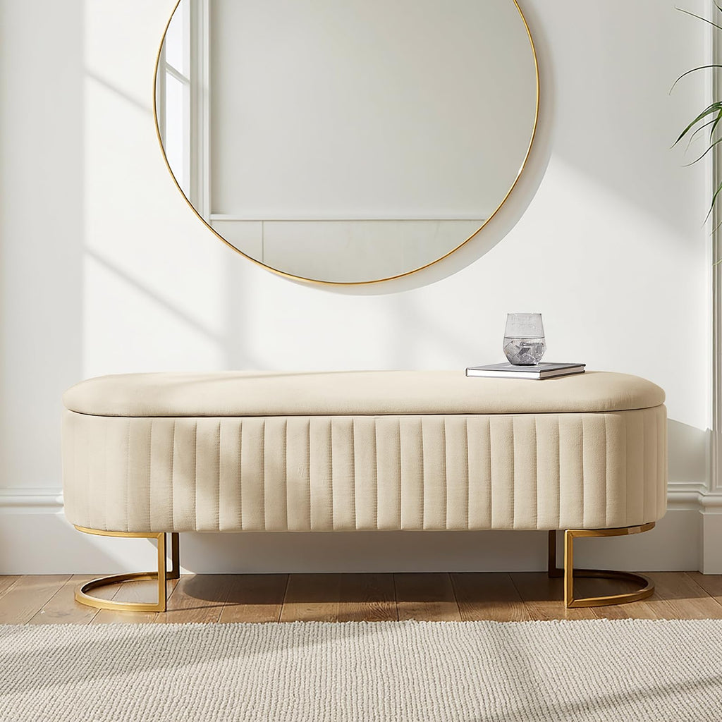 50.5" Velvet Storage Ottoman Bench with Gold-Toned Legs, Luxury Upholstered End of Bed Multi-Functional Footrest &