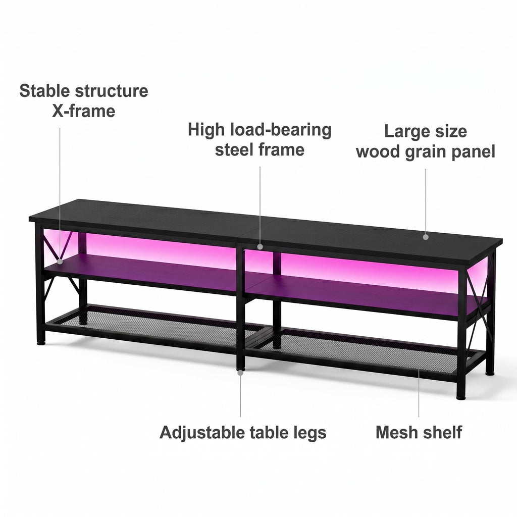 Modern 71 inch Metal TV Stand with LED Lights for 50 55 60 65 70 75 80 Inch TVs, 3 Tier Television Stands with