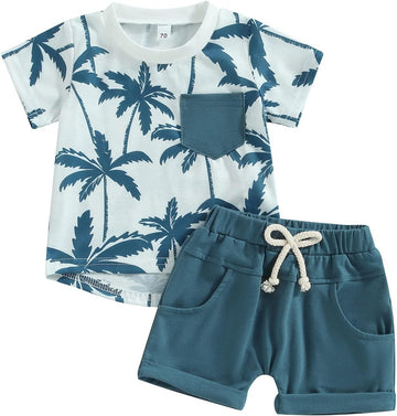 Toddler Baby Boy Clothes Beach Short Sleeve Palm Print Hawaiian T-Shirt and Drawstring Shorts Set Summer Outfit