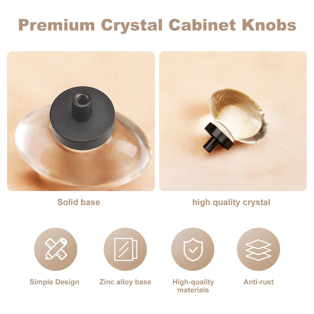 8 Pack Glass Cabinet Knobs and Pulls, Oval Crystal Knobs for Dresser Drawers, Matte Black Kitchen Cabinet Knobs Egg