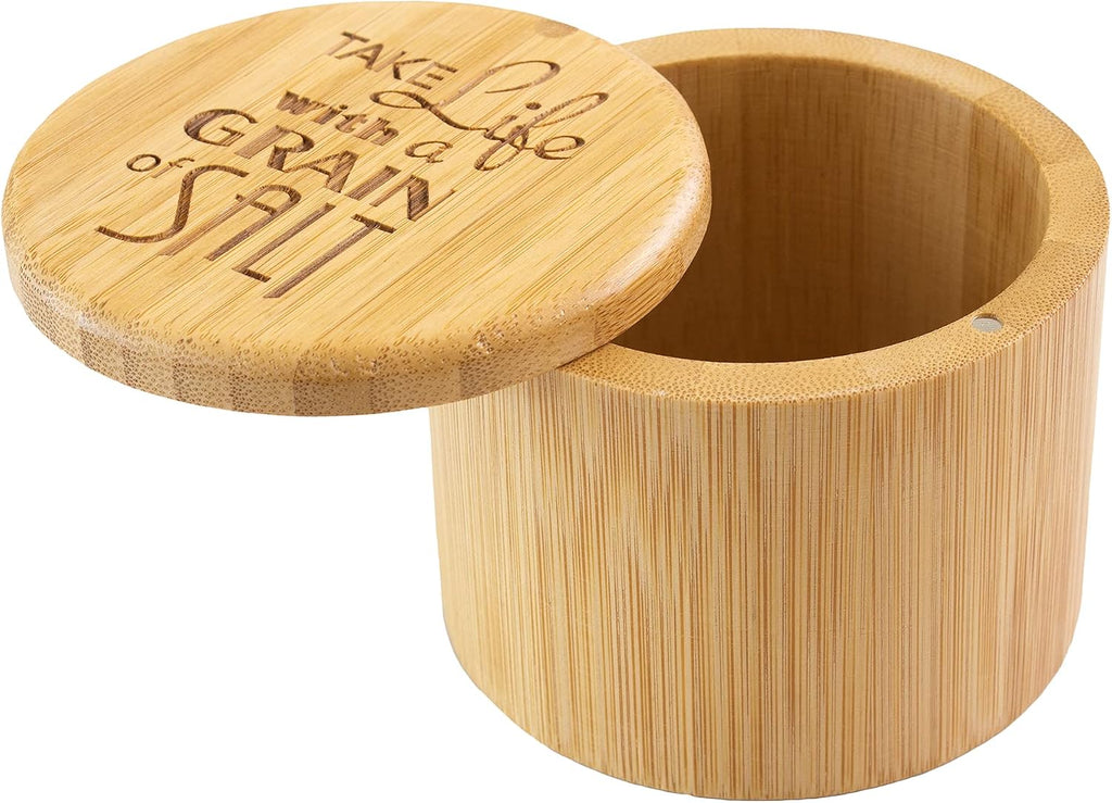 Salt Cellar Bamboo Storage Box with Magnetic Swivel Lid, 6 Ounce Capacity, "Take Life with a Grain of Salt" Engraved