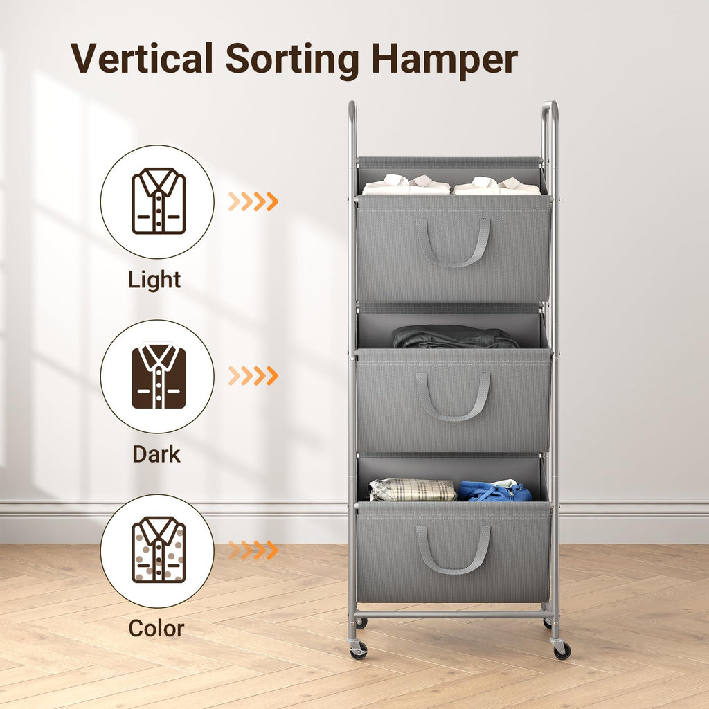 3-Tier Vertical Rolling Laundry Hamper with Wheels & Removable Bags