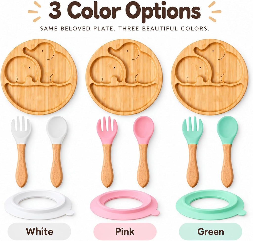 Personalized Bamboo Baby Plate with Name, Elephant Suction Toddler Plate