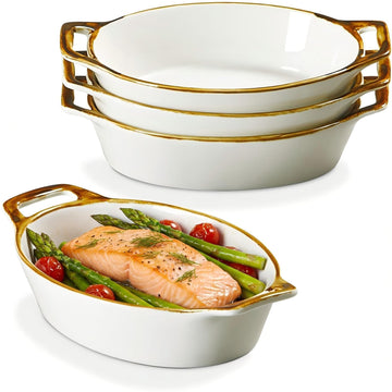 Oval Ceramic Au Gratin Baking Dishes Set of 4 with Brown Rim, 20 oz