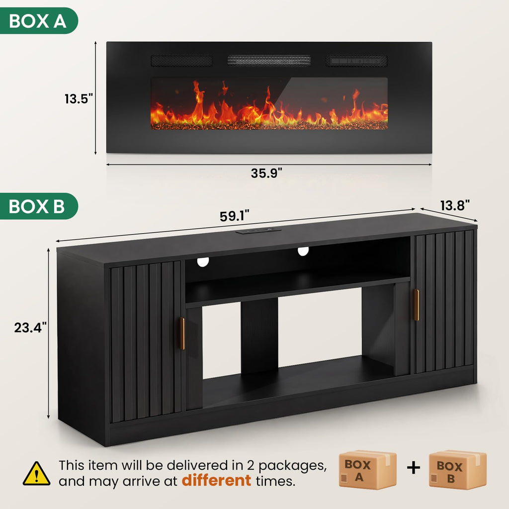 Fireplace TV Stand for 75 Inch TV, Fluted Electric TV Console
