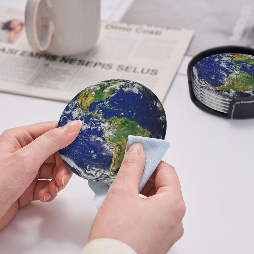 Planet Earth North And South America Map Coasters For Drinks Round Leather Coaster With Holder Set Of 6 For Tabletop