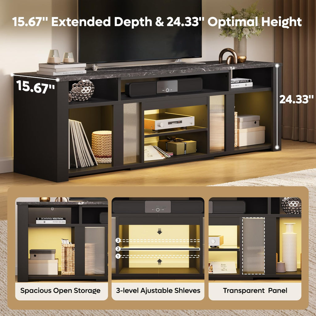 80 Inch TV Stand for 85 Inch TVs, Modern Open Entertainment Center with LED Lights & Adjustable Shelves, Media