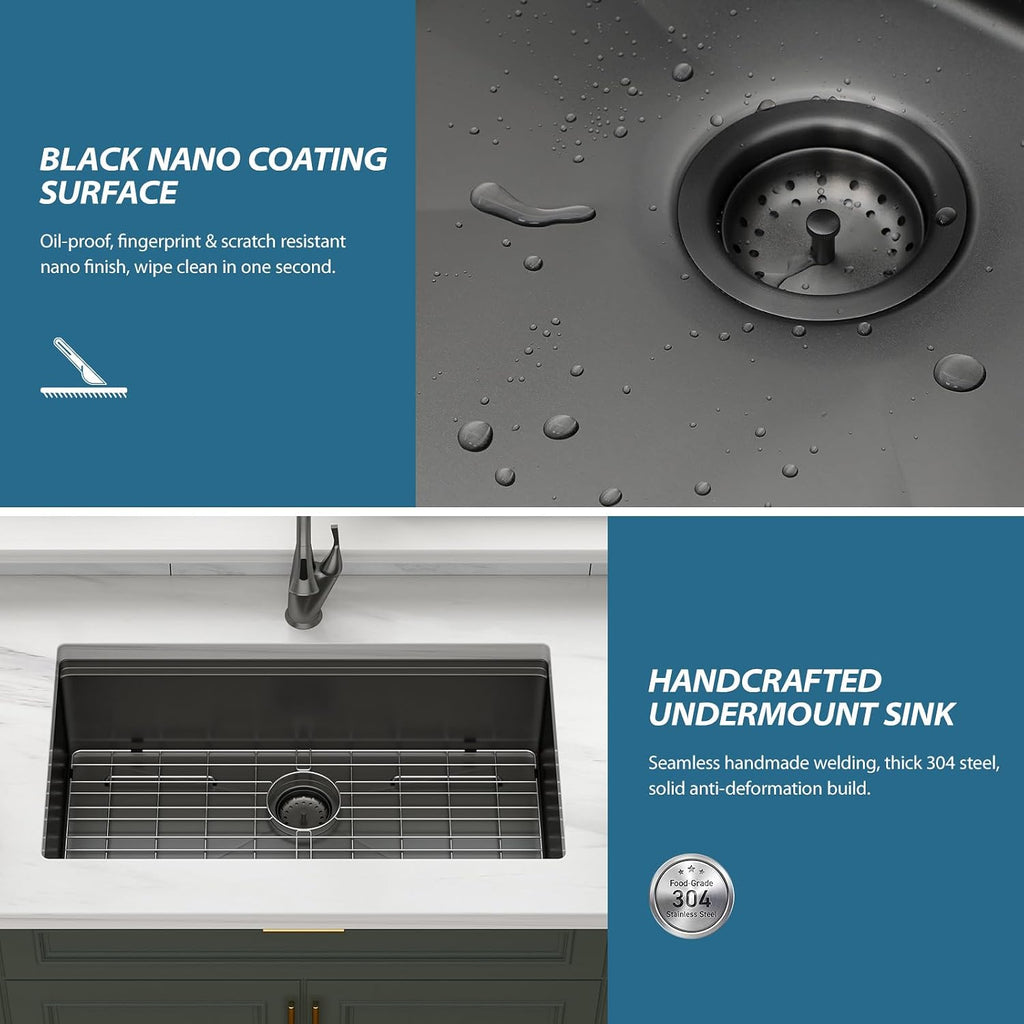 33" Black Undermount Stainless Steel Kitchen Sink Workstation | T304 Stainless Steel Handmade Workstation Undermount