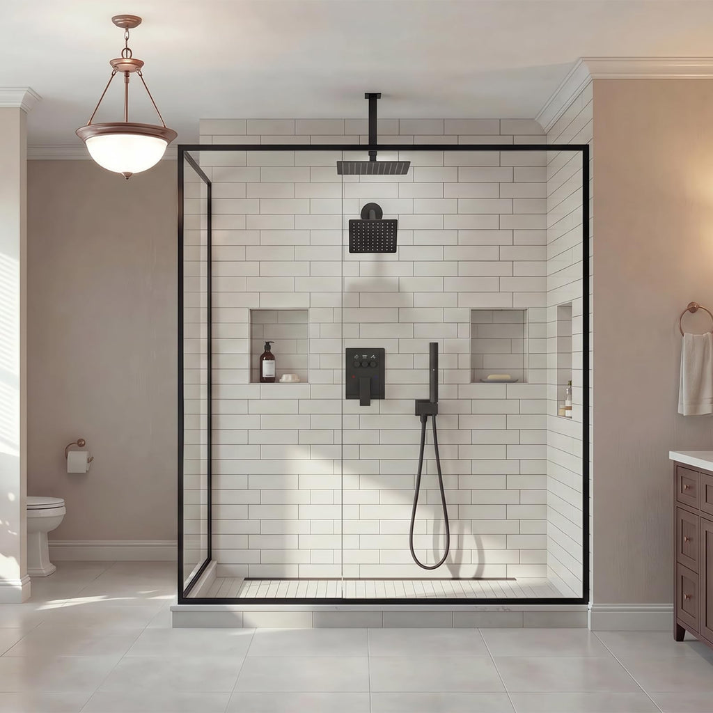 10 Inch Shower Faucet with Push Button Diverter Shower System, 2 in 1 Spray Handheld Showerhead, Ceiling Mount 10
