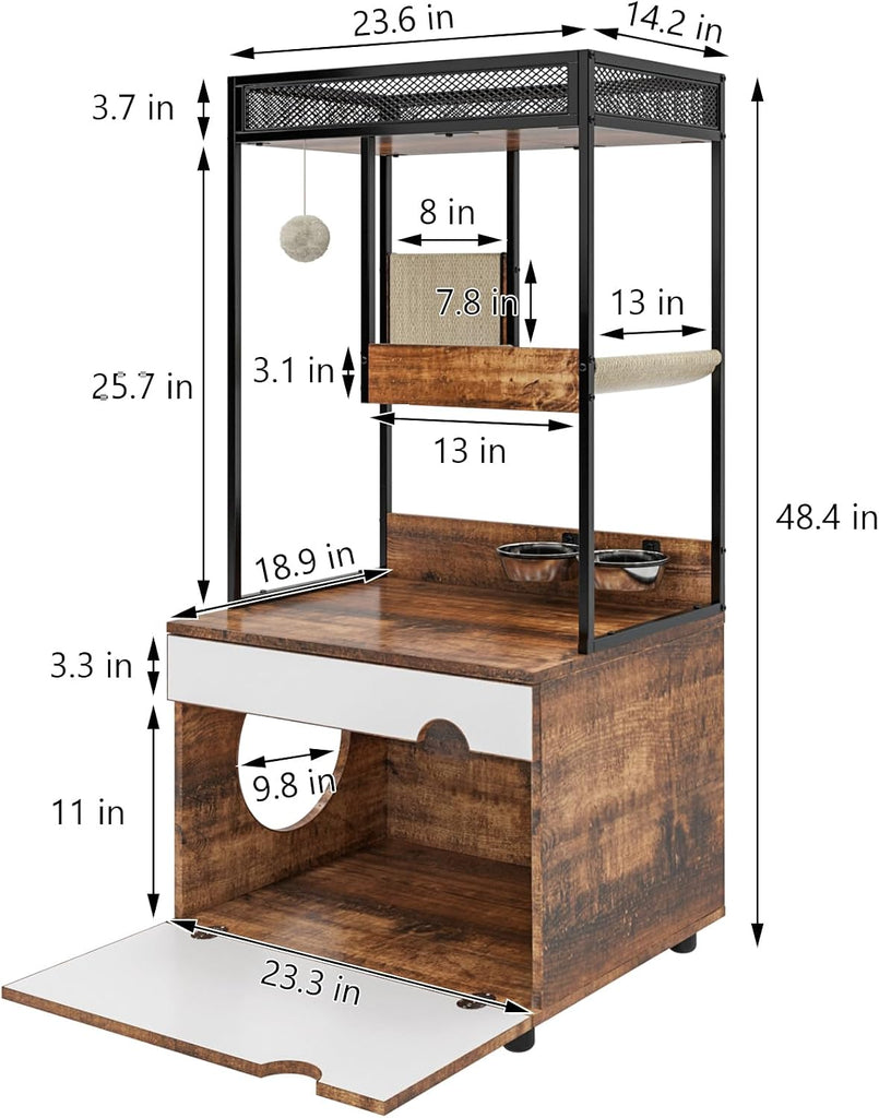 Cat Litter Box Enclosure Furniture with Cat Tree Tower, Kitty Litter Box Hidden Cabinet with Shelves Scratching Pad