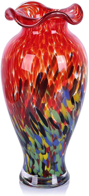 12.2H Murano Hand Blown Glass Vase, Ruffled Scalloped Rim Wide Mouth Colorful Decorative Flower Vase, Large Glass
