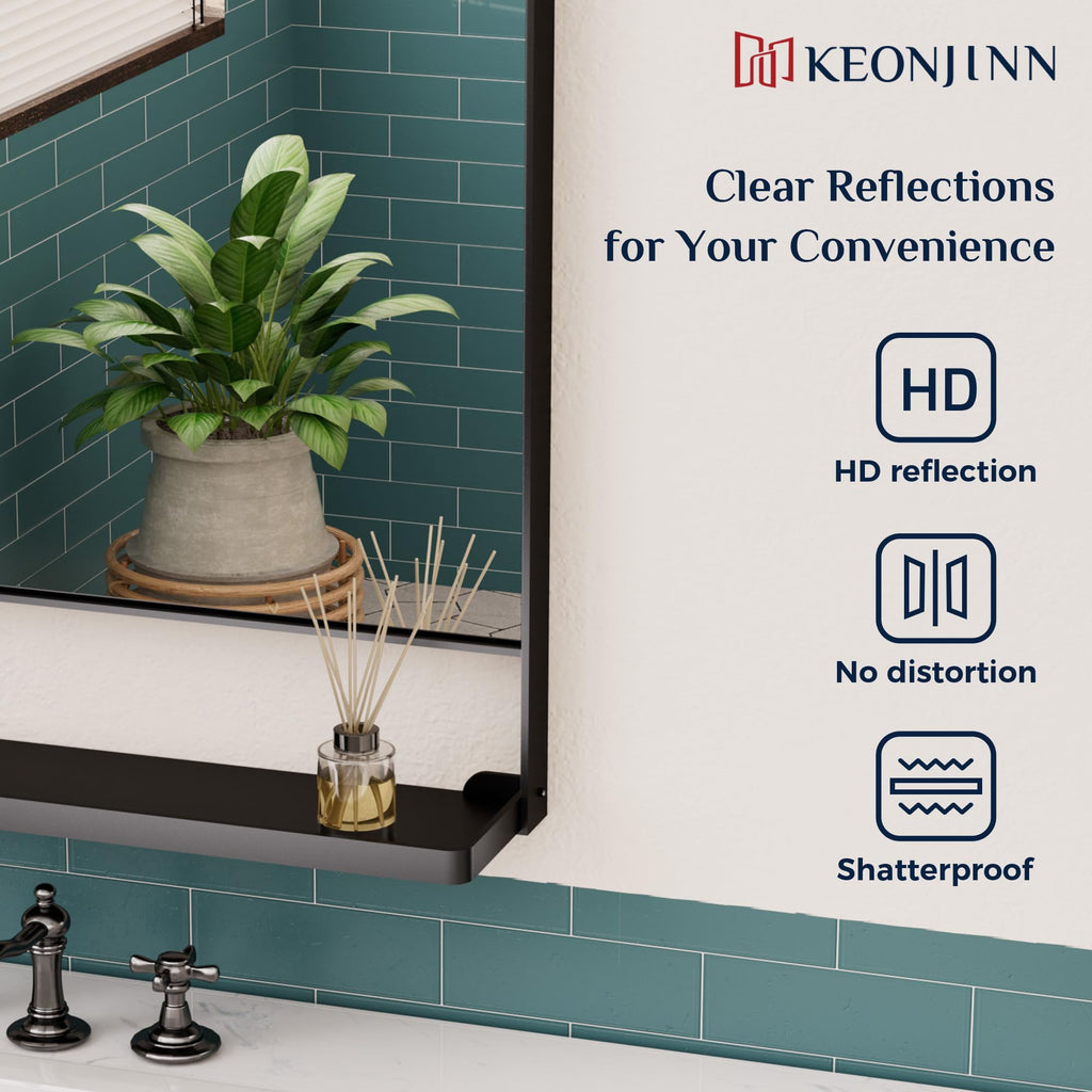 24 x 32 in Black Bathroom Mirror with Shelf, Rounded Corner