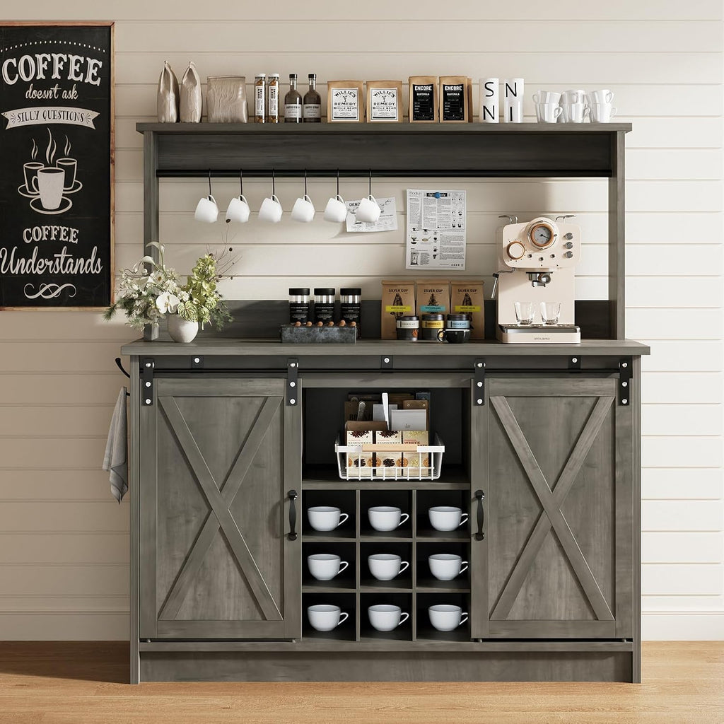 47" Farmhouse Coffee Bar Cabinet with Storage Hutch, Grey | Coffee Bar Station with Sliding Barn Door, 6 Hooks and
