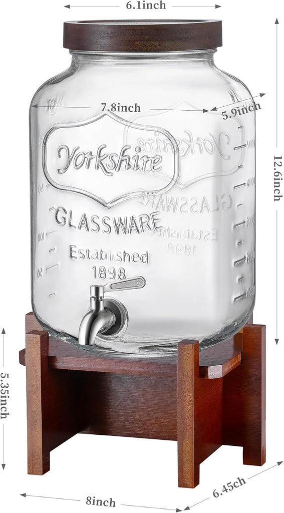2 Gallon Drink Dispenser for Parties with Acacia Wood Stand and Lid
