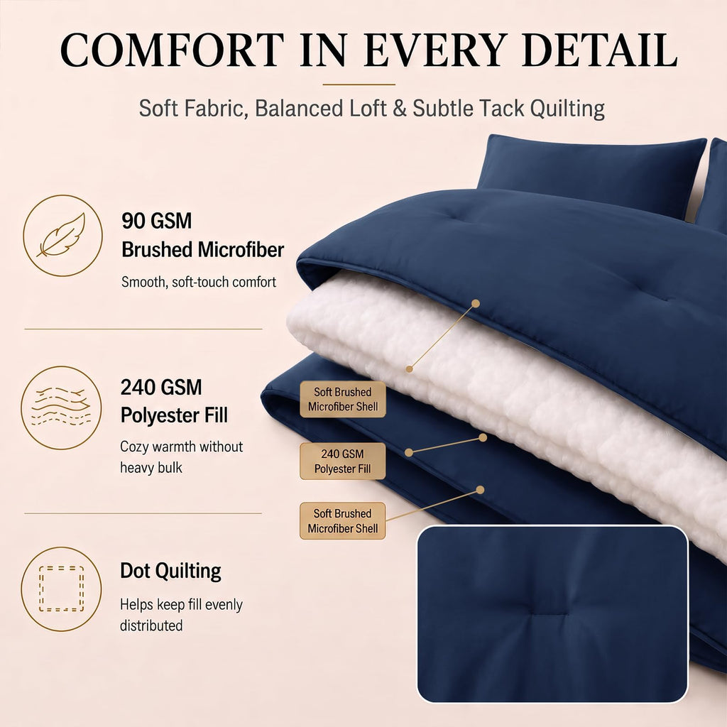 Oversized Comforter Set Navy, 7 Pieces Bed in a Bag