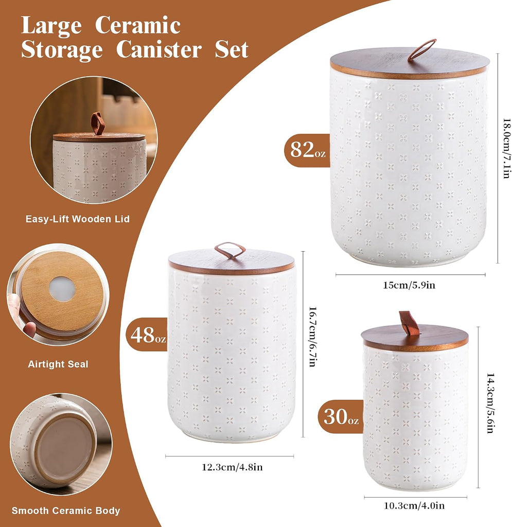 Embossed Ceramic Canister Set with Airtight Bamboo Lid - Set of 3