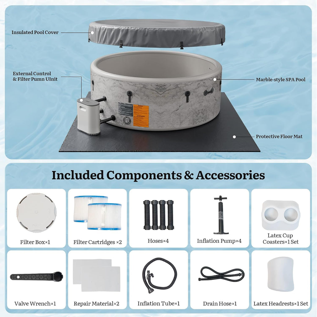 85" Premium Drop-Stitch Inflatable Hot Tub for 8 Person, Rigid Portable Outdoor Spa with 220 Massage Jets, Smart